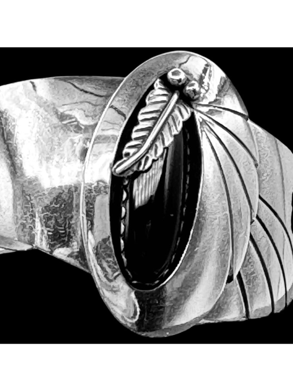 Southwestern Cuff Bracelet Sterling Silver Black Onyx By RMJ 44g Modern Design - Picture 10 of 12